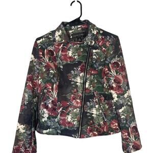 Colleen Lopez Black Floral Multicolor Moto Biker Edgy Jacket Women Sz XS